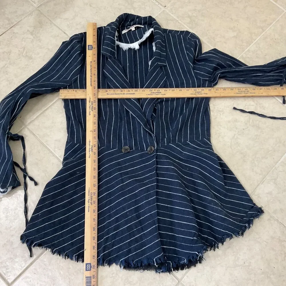 Free People Blazer Women's Large Blue Double Breasted stripes bell sleeves Flaws